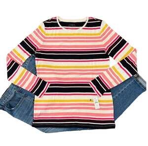 NWT Talbots Pink/Navy/Gold/Cream Striped Long Sleeve Crewneck Tee